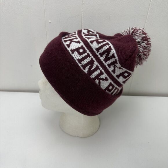 Victorias Secret PINK Beanie Hat Winter Cap Maroon White Knit - Picture 3 of 11